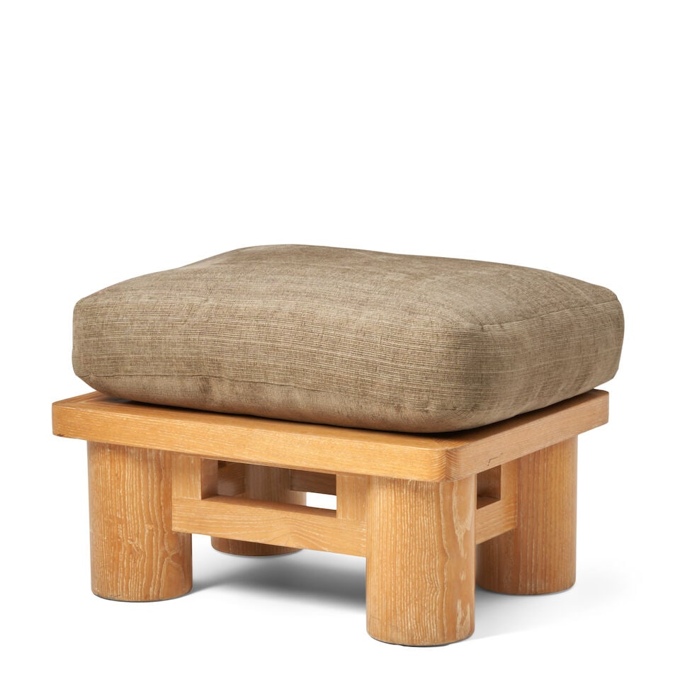 KARL SPRINGER (1931-1991) 'Dowelwood' Ottoman1980soak, upholstery, unmarkedheight 18in; width 26...: KARL SPRINGER (1931-1991) 'Dowelwood' Ottoman 1980s oak, upholstery, unmarked height 18in; width 26in; depth 20in Footnotes: Literature Red Binder Product Catalogue, Karl Springer LTD, New York, 1983,