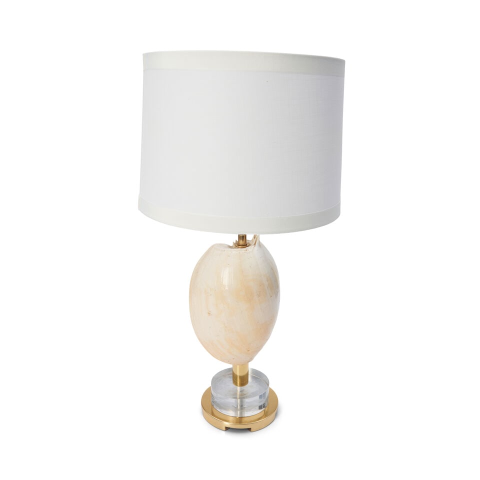 REGENCY MODERNE Seashell Table Lampcirca 1970cowrie shell, Lucite, brass, two sockets, fabric ov... (1 of 3)