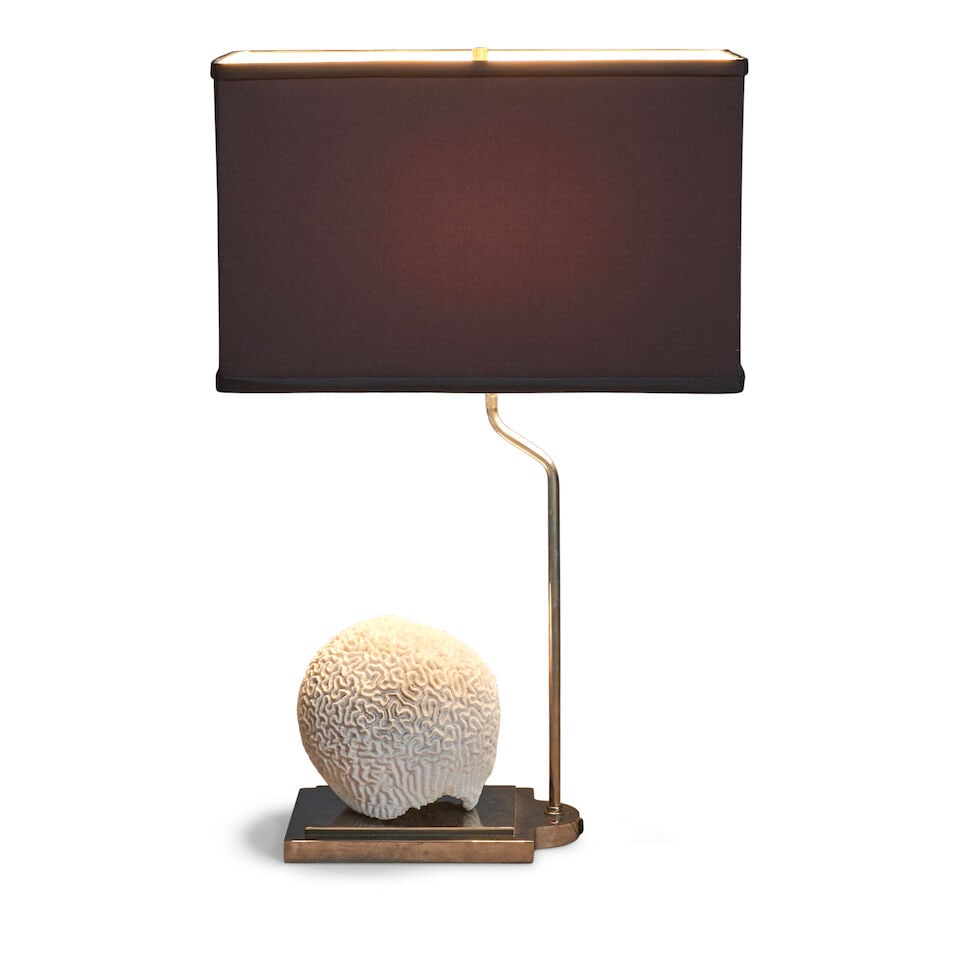 REGENCY MODERNE Table Lamp1970sbrain coral, chromed metal base, single dimmer socket, fabric ove... - 2