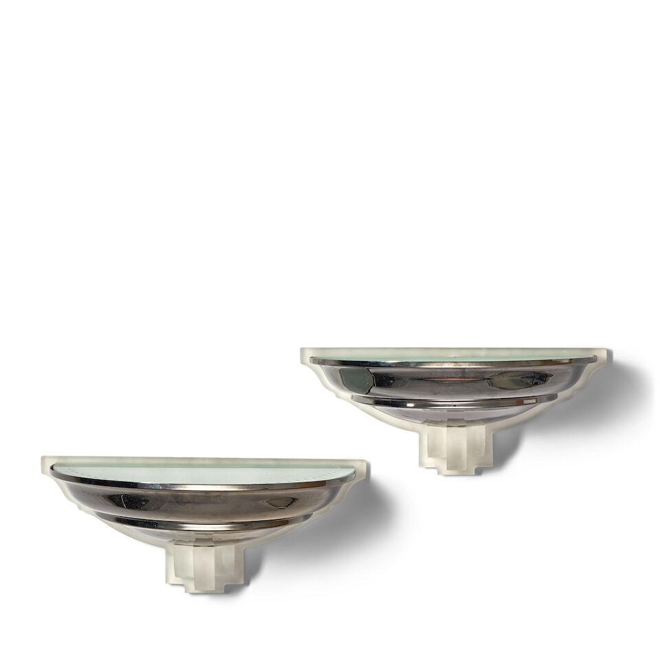 KARL SPRINGER (1931-1991) Pair of 'Spun Shaped' Wall Sconcescirca 1980gunmetal, Lucite, hardwire... (1 of 2)