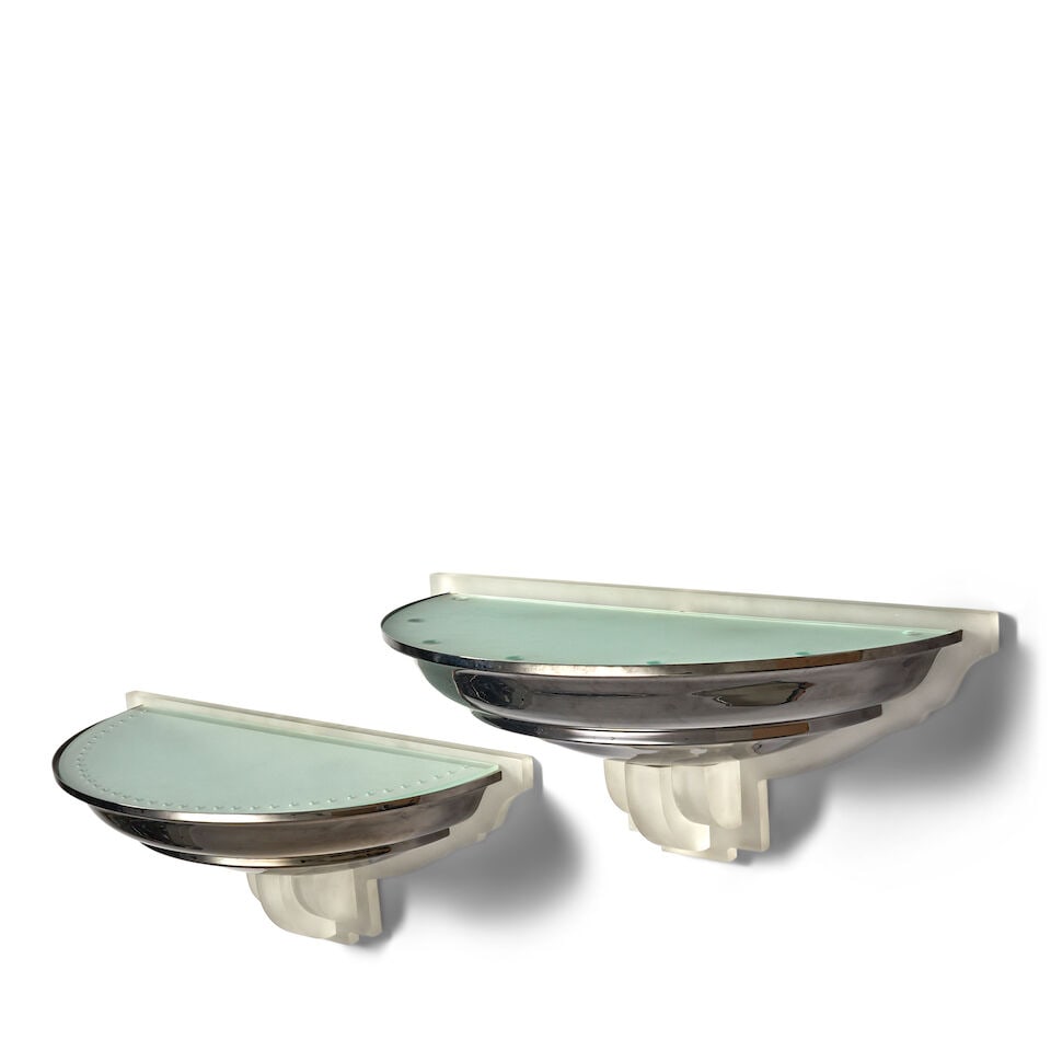 KARL SPRINGER (1931-1991) Pair of 'Spun Shaped' Wall Sconcescirca 1980gunmetal, Lucite, hardwire... - 2