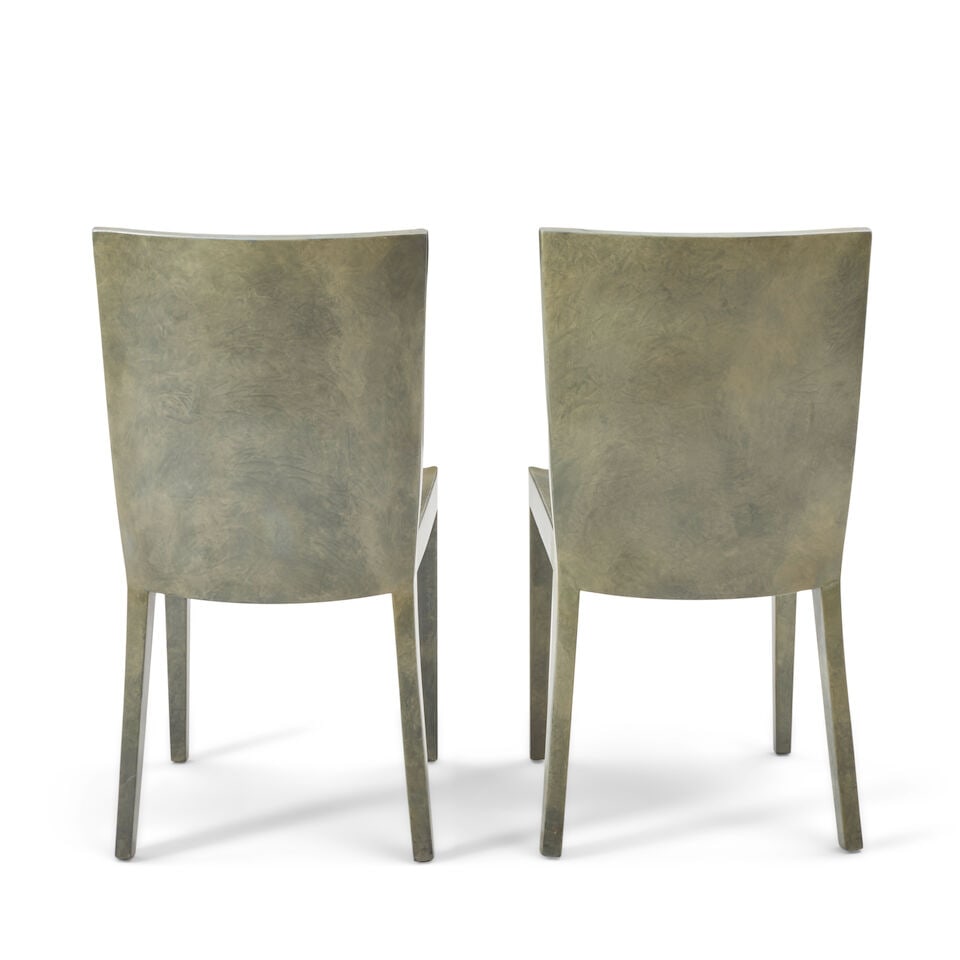 KARL SPRINGER (1931-1991) Pair of 'J.M.F.' Chairs1980sgoatskin lacquer, wood, unmarkedheight 35.... - 2