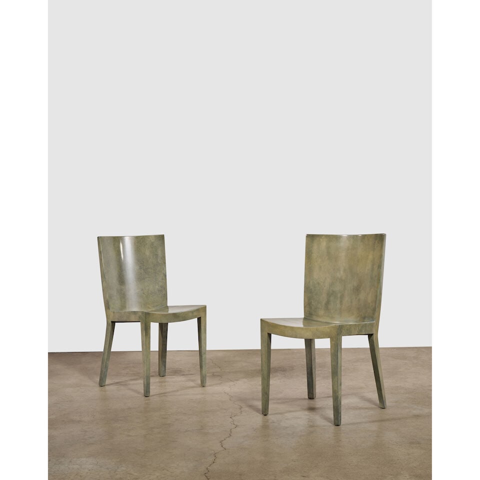 KARL SPRINGER (1931-1991) Pair of 'J.M.F.' Chairs1980sgoatskin lacquer, wood, unmarkedheight 35.... - 3
