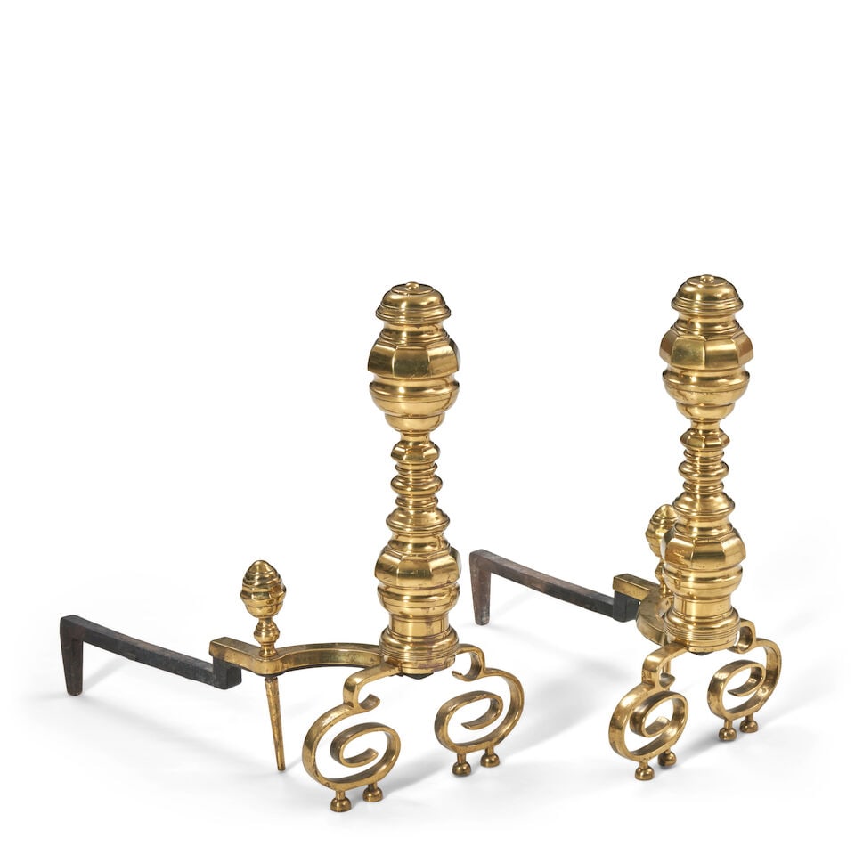 REGENCY MODERNE Pair of Andirons1970swrought iron, brass, unmarkedheight 22 3/4 in; depth 22 in;... (1 of 1)