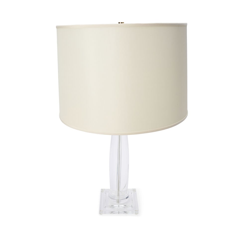 KARL SPRINGER (1931-1991) 'Greek Column' Table Lampcirca 1980Lucite, brass, two sockets, fabric ...: KARL SPRINGER (1931-1991) 'Greek Column' Table Lamp circa 1980 Lucite, brass, two sockets, fabric over paper shade, unmarked base height 16 1/4in; adjustable height as shown 28in Footnotes: Literature