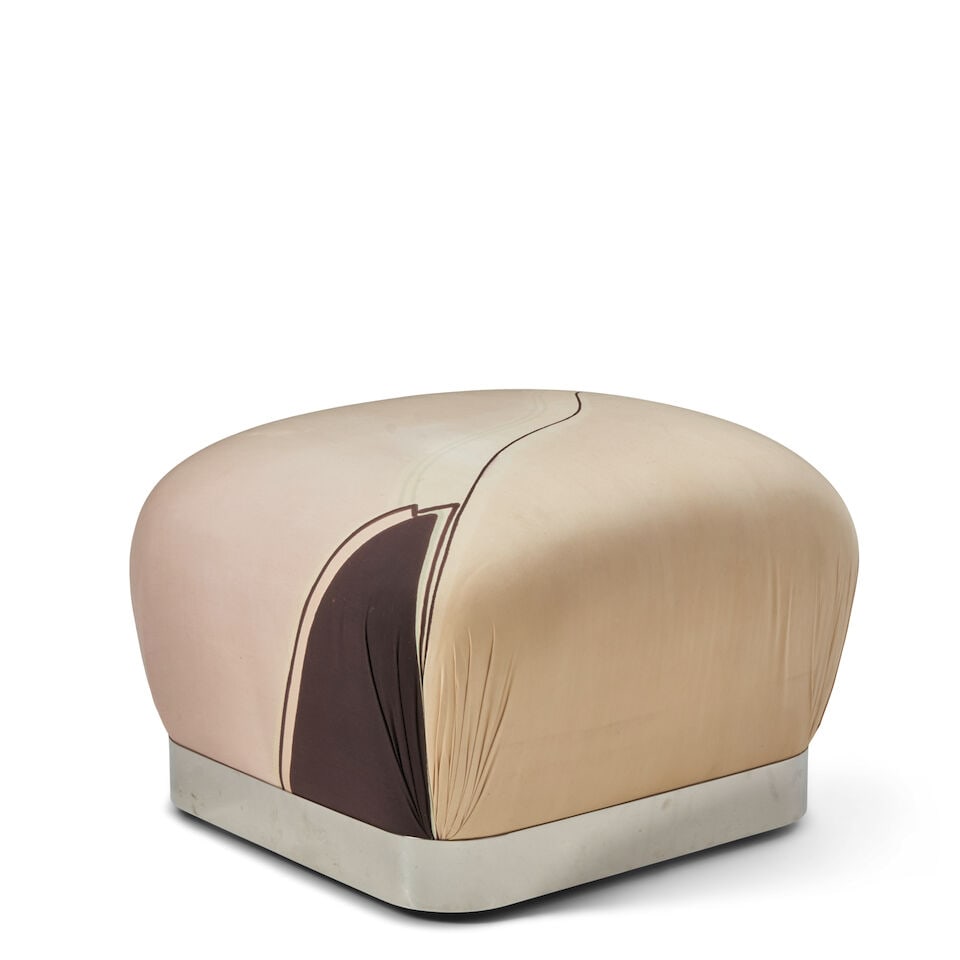 KARL SPRINGER (1931-1991) 'Souffle' Ottomancirca 1980upholstery, chromed steel, casters, unmarke...: KARL SPRINGER (1931-1991) 'Souffle' Ottoman circa 1980 upholstery, chromed steel, casters, unmarked height 16in; width 24in; depth 24in Footnotes: Literature Red Binder Product Catalogue, Karl