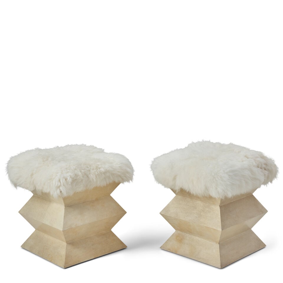 KARL SPRINGER-STYLE Pair of 'Zig Zag' Stoolscirca 2000wood, lacquered goat skin, sheep skin, unm... - 2