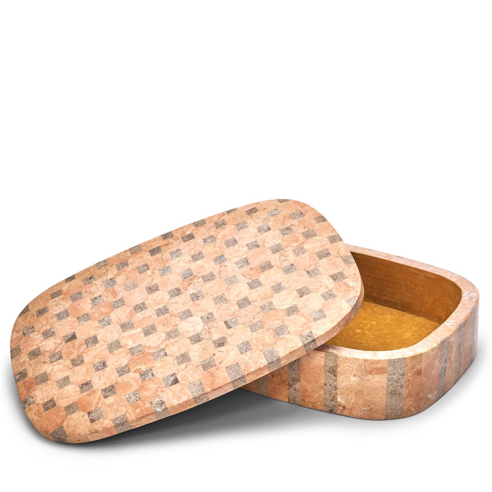 KARL SPRINGER-STYLE Lift-top Box1970stessellated travertine, velvet, unmarkedheight 3 1/4in; wid... - 2