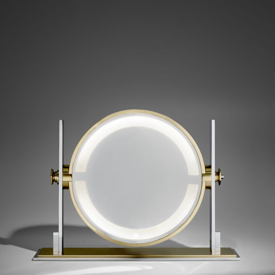 KARL SPRINGER (1931-1991) Rare Illuminated Vanity Mirrorcirca 1980chromed steel, brass, mirror ... (1 of 5)