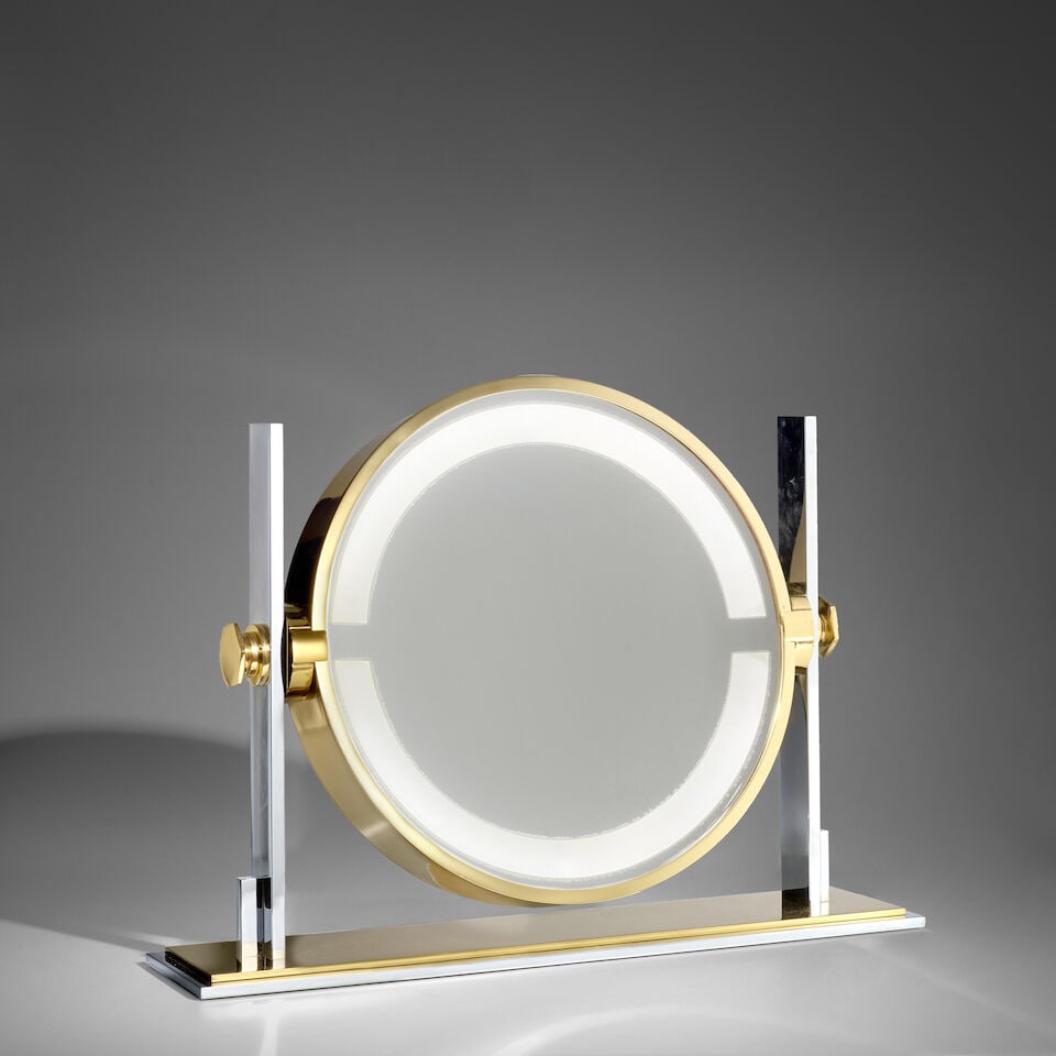 KARL SPRINGER (1931-1991) Rare Illuminated Vanity Mirrorcirca 1980chromed steel, brass, mirror ... - 2