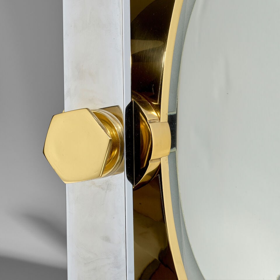 KARL SPRINGER (1931-1991) Rare Illuminated Vanity Mirrorcirca 1980chromed steel, brass, mirror ... - 3