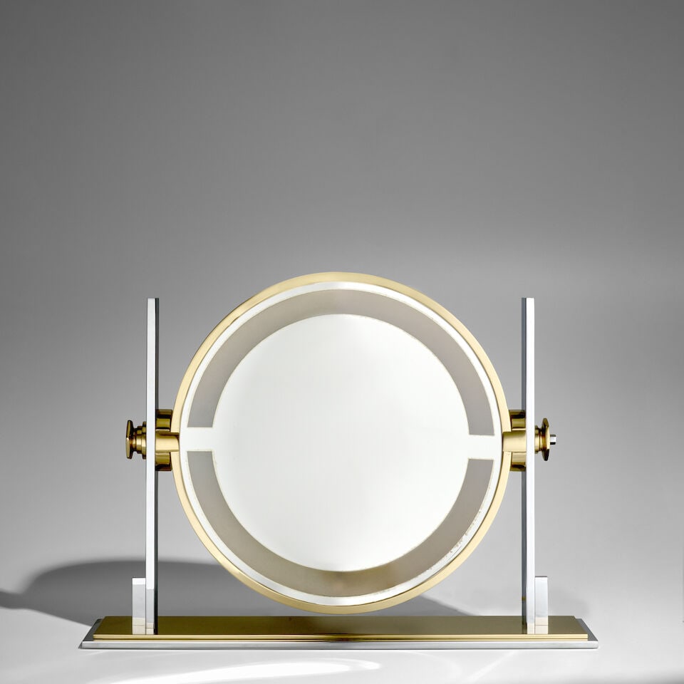 KARL SPRINGER (1931-1991) Rare Illuminated Vanity Mirrorcirca 1980chromed steel, brass, mirror ... - 4