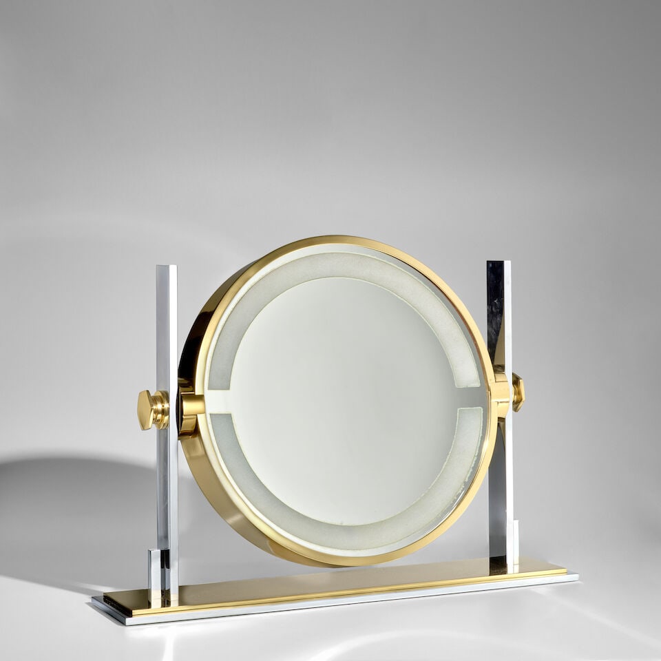 KARL SPRINGER (1931-1991) Rare Illuminated Vanity Mirrorcirca 1980chromed steel, brass, mirror ... - 5