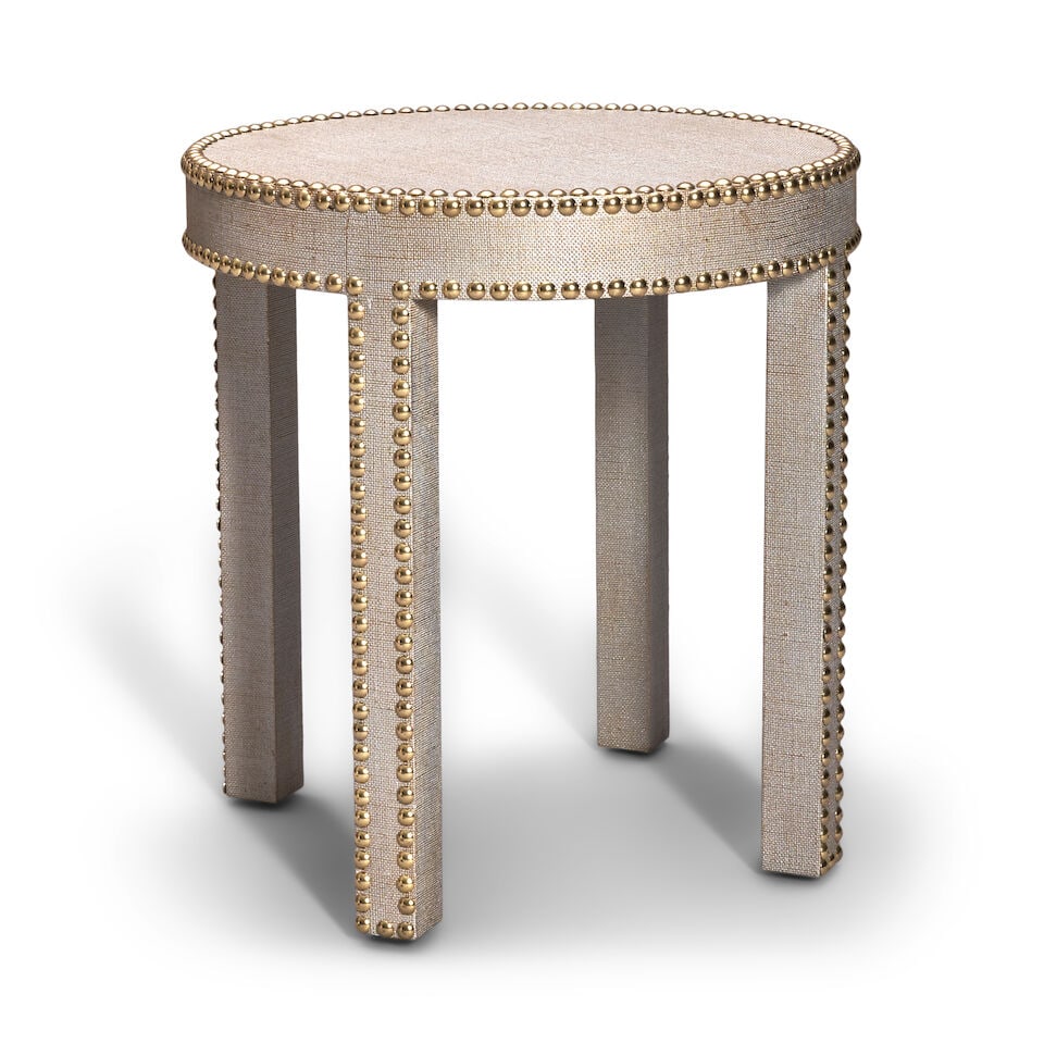 LOBEL ORIGINALS (1998-2025) Side Tableearly 21st centurylacquered linen, upholstery tacks, wood,...: LOBEL ORIGINALS (1998-2025) Side Table early 21st century lacquered linen, upholstery tacks, wood, maker's metal label 'Lobel Originals NYC' height 17 1/2in; diameter 16in For further information on t