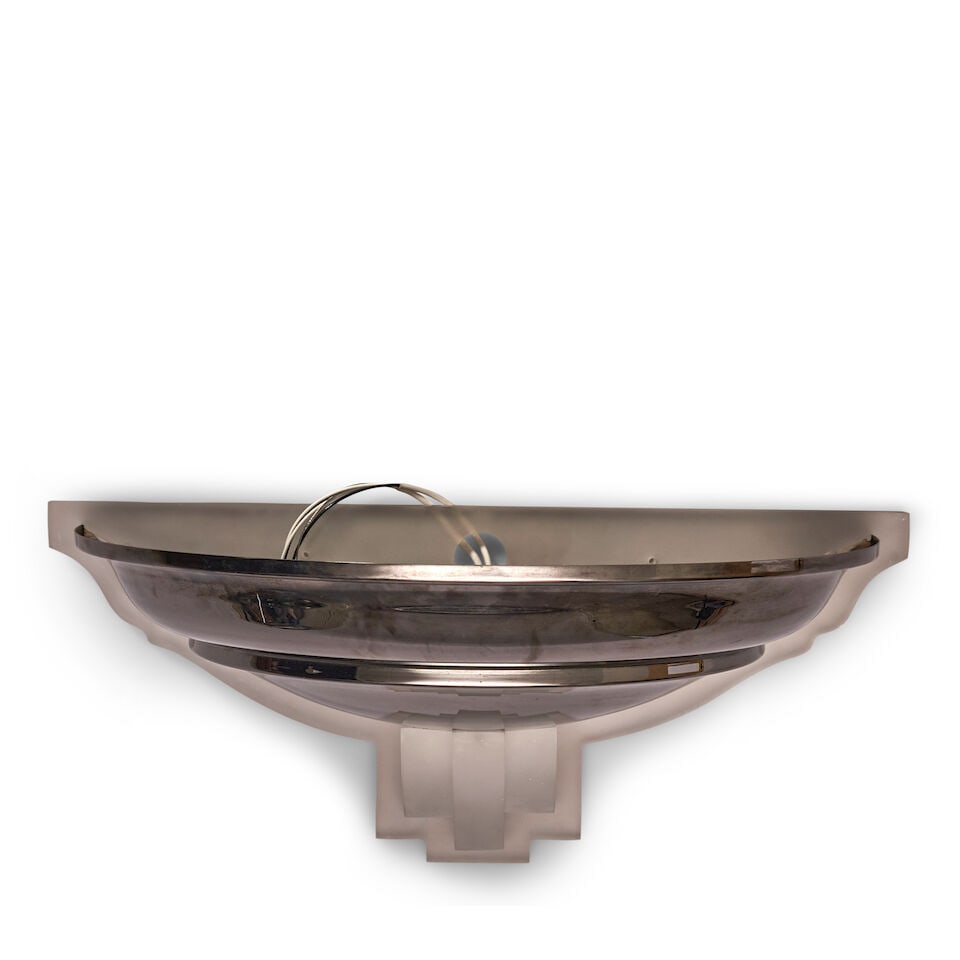 KARL SPRINGER (1931-1991) 'Spun Shaped' Wall Sconcecirca 1980chromed metal, frosted Lucite, two ... (1 of 2)