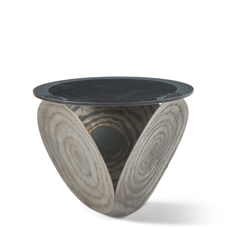 BRUTALIST Side Table1970swelded steel, smoked glass, unmarkedheight 18in; diameter 23 3/4in (1 of 3)