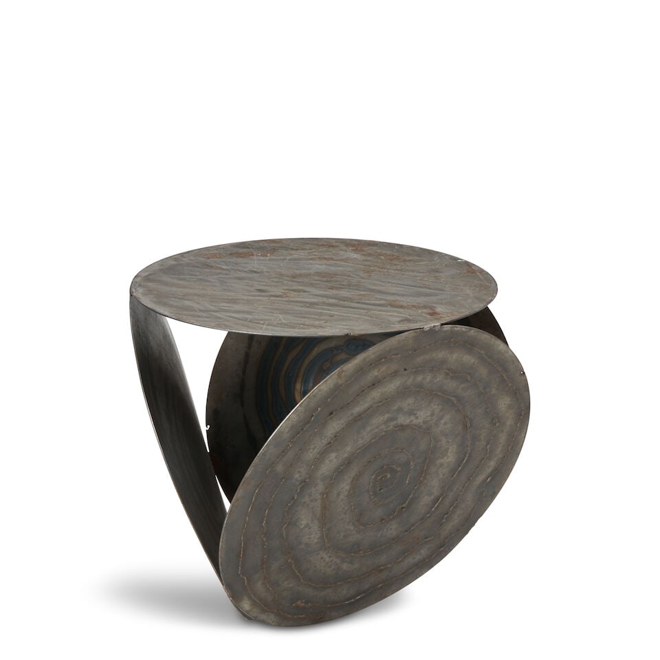 BRUTALIST Side Table1970swelded steel, smoked glass, unmarkedheight 18in; diameter 23 3/4in - 2