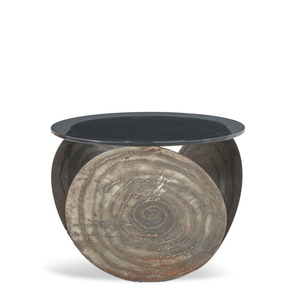 BRUTALIST Side Table1970swelded steel, smoked glass, unmarkedheight 18in; diameter 23 3/4in - 3