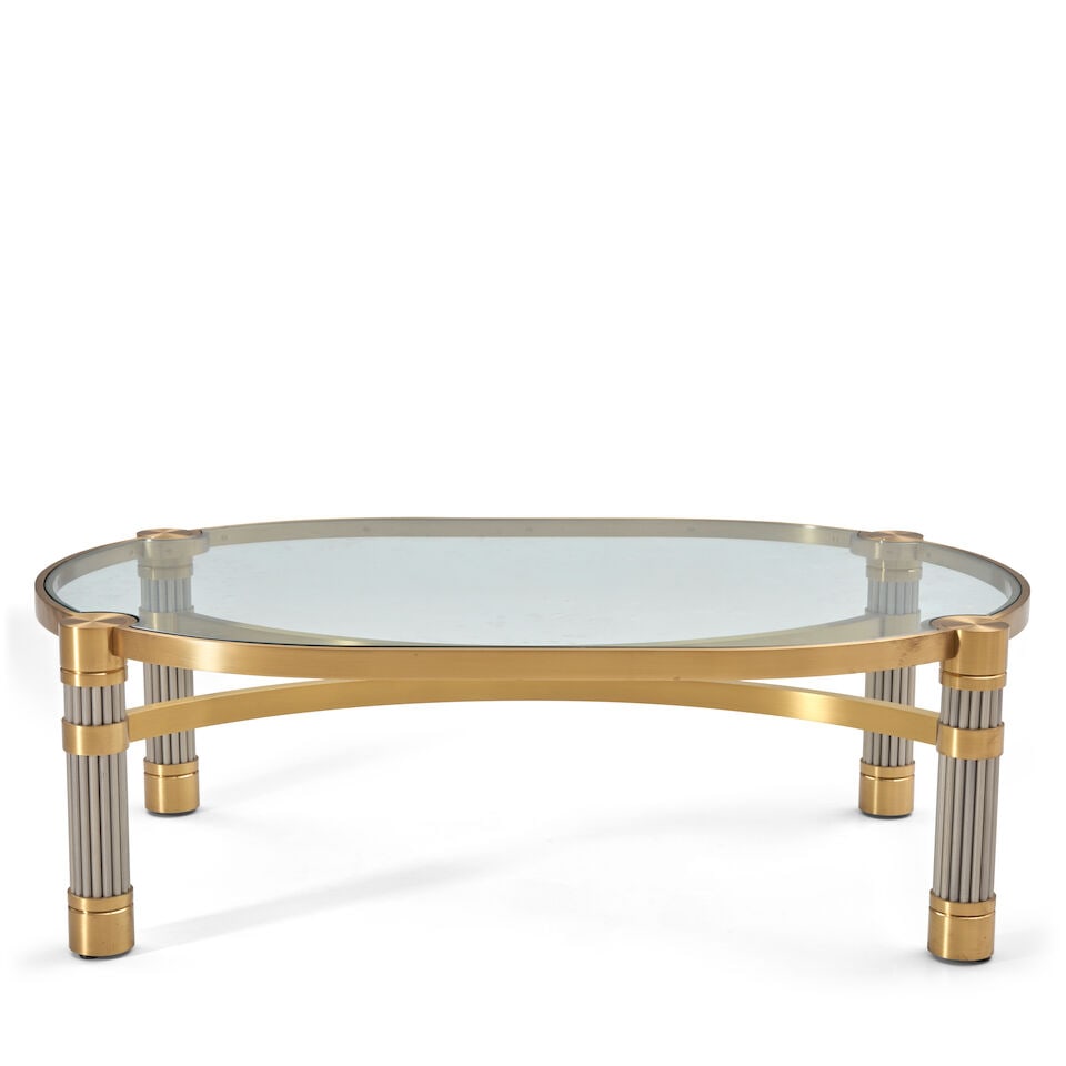 RON SEFF (1934-1990) Coffee Table1980sbrass, stainless steel, glass, unmarkedheight 17 1/2in; wi... (1 of 2)