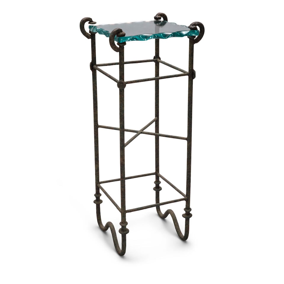 MODERNIST Pedestal1970spatinated wrought iron, glass, unmarkedheight 33in; width 14in; depth 11in (1 of 2)