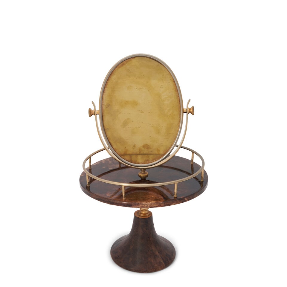 ALDO TURA (1909-1963) Vanity Mirror on Standcirca 1970lacquered and gilt brass, beveled mirror g... - 2