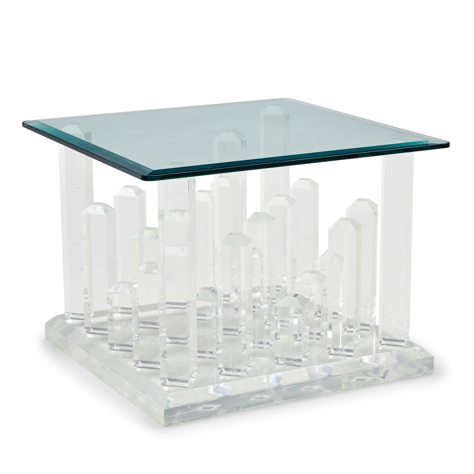 BRUTALIST End Table1970sLucite, beveled glass top, unmarkedheight 18in; width 24in; depth 23 3/4in (1 of 2)
