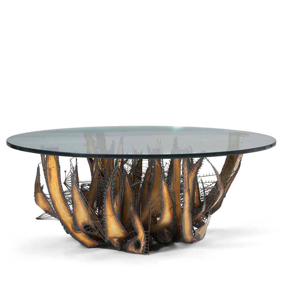 BRUTALIST Illuminated Sculptural Coffee Table1970spatinated torch-cut steel, steel rods, glass, ... (1 of 2)