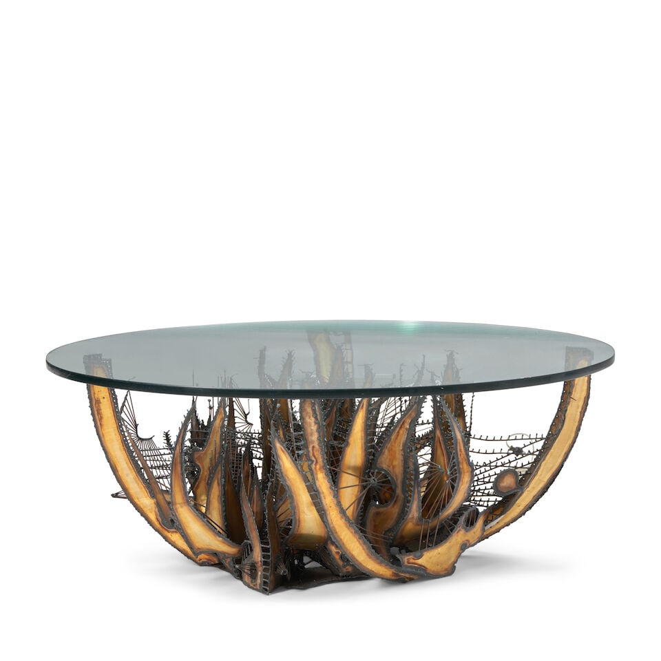 BRUTALIST Illuminated Sculptural Coffee Table1970spatinated torch-cut steel, steel rods, glass, ... - 2