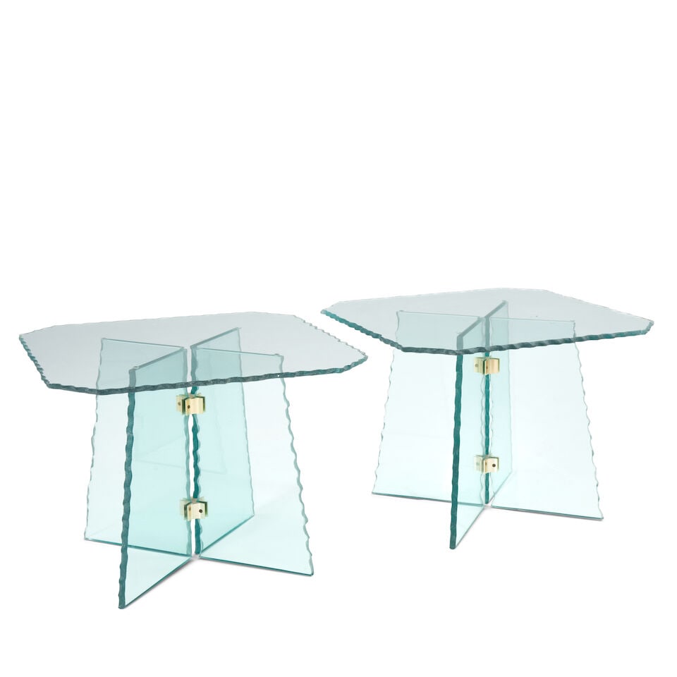 BRUTALIST Pair of Italian End Tables1970sglass, brass fittings, unmarkedheight 20 1/2in; width 2... - 2