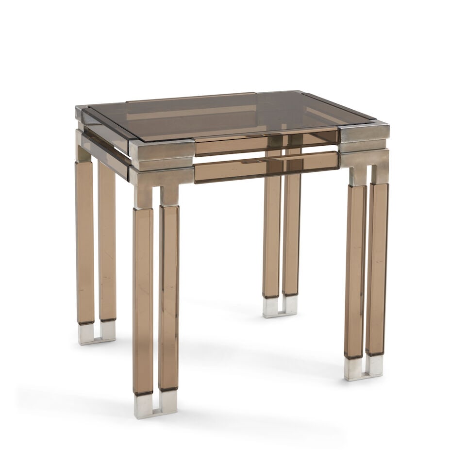 HUDSON-RISSMAN FOR PAUL LASZLO (1900-1993) Custom Order Side Table1983smoke lucite, polished chr... - 2