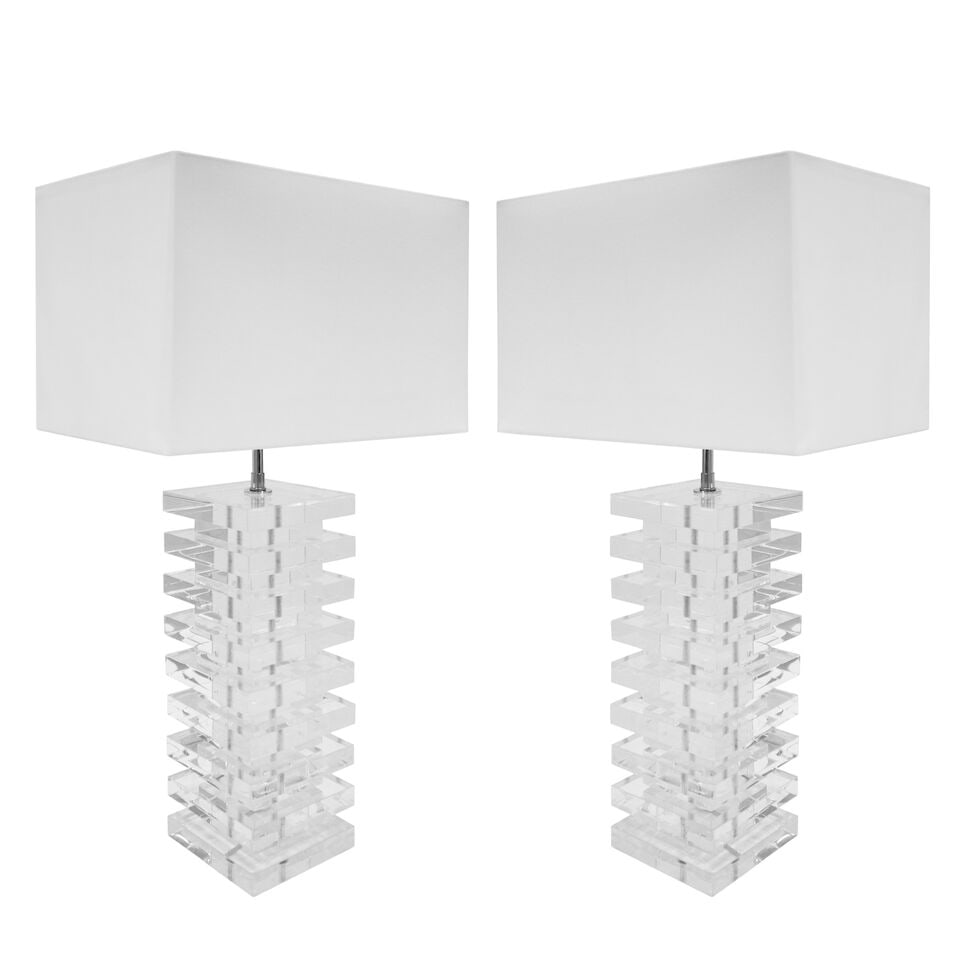 MODERNIST Pair of Lamps1970sstacked Lucite slabs, polished nickel, fabric shade, two sockets eac... (1 of 2)