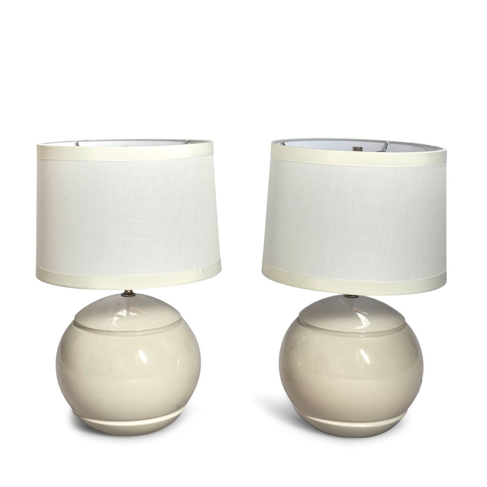 MODERNIST Pair of Table Lamps1970sglazed porcelain, two sockets, fabric over plastic shades, unm... (1 of 2)