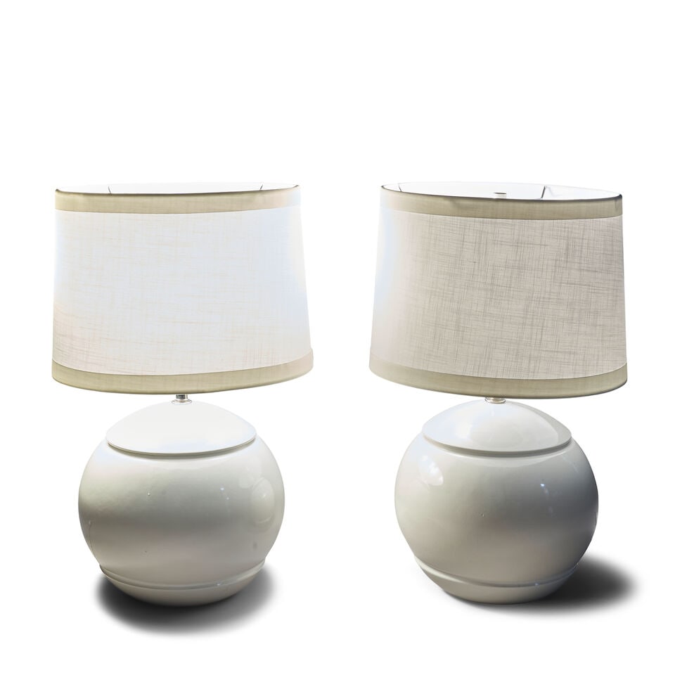 MODERNIST Pair of Table Lamps1970sglazed porcelain, two sockets, fabric over plastic shades, unm... - 2