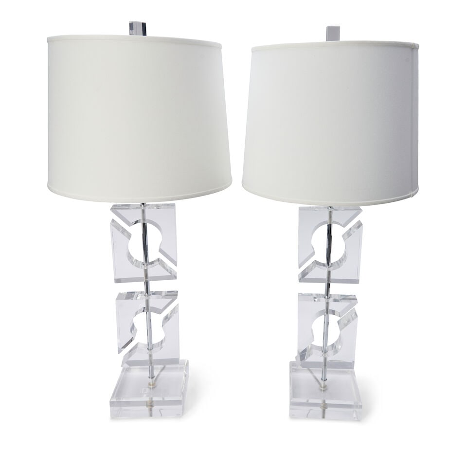 MODERNIST Pair of Table Lamps1970sLucite, chromed steel, single dimmable sockets, fabric over pl... (1 of 2)