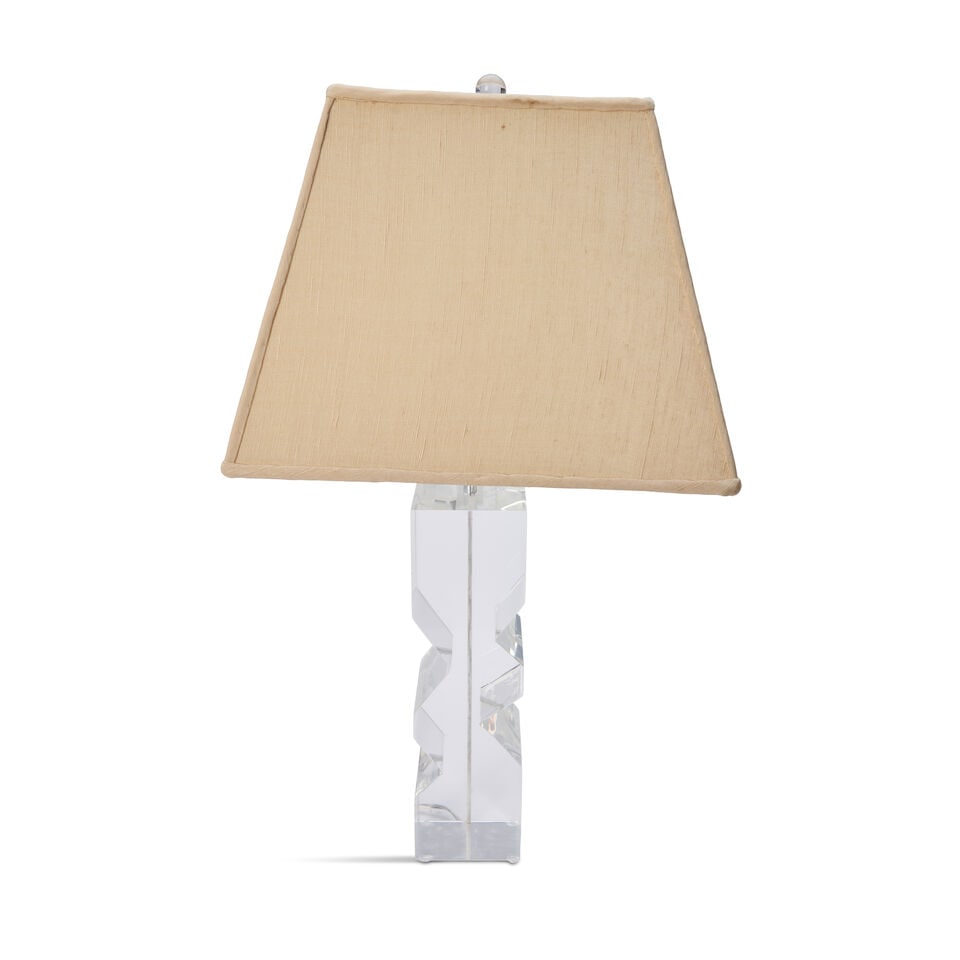 LES PRISMATIQUES (ACTIVE 1970S-1990S) 'Zig Zag' Table Lamp1970sLucite, single dimmer socket, fab...: LES PRISMATIQUES (ACTIVE 1970S-1990S) 'Zig Zag' Table Lamp 1970s Lucite, single dimmer socket, fabric over fabric shade, impressed mark 'LP' and copyright mark base height 14in; total height 28 1/2in