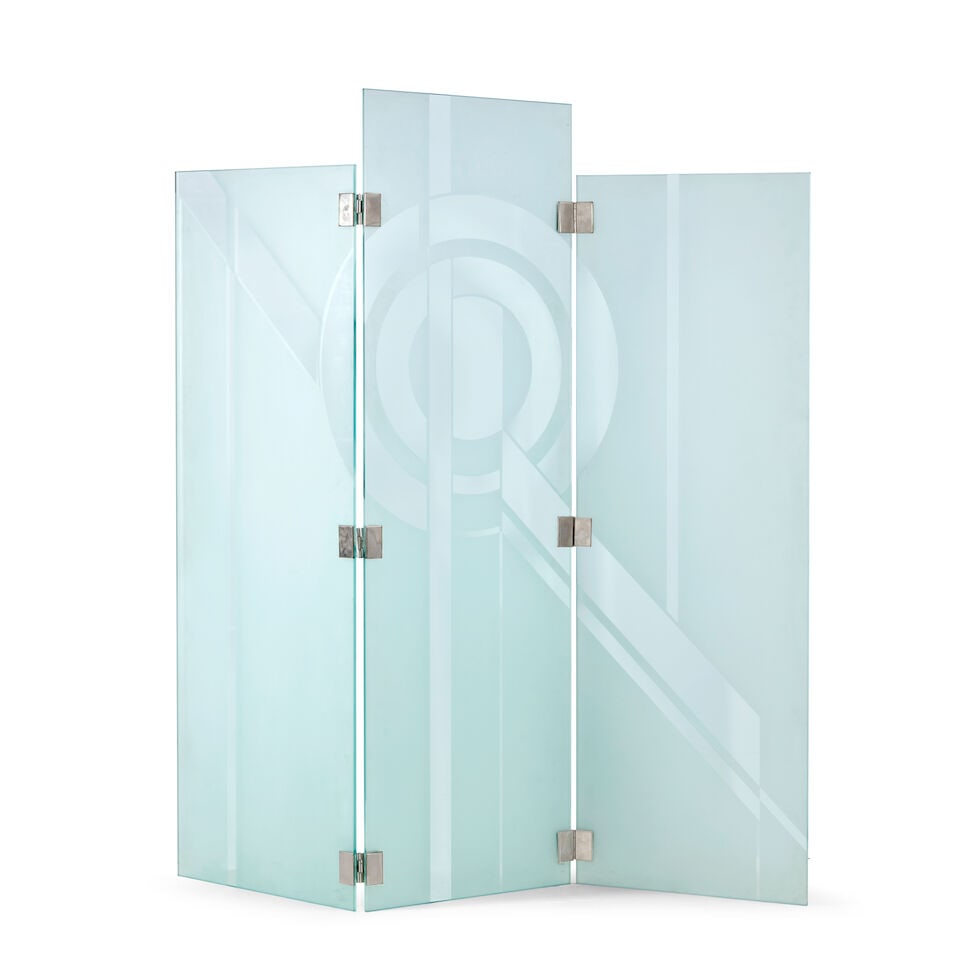 ART DECO-STYLE Three-panel Screendated 1986sandblasted and hand-etched glass, steel, incised mar... (1 of 1)