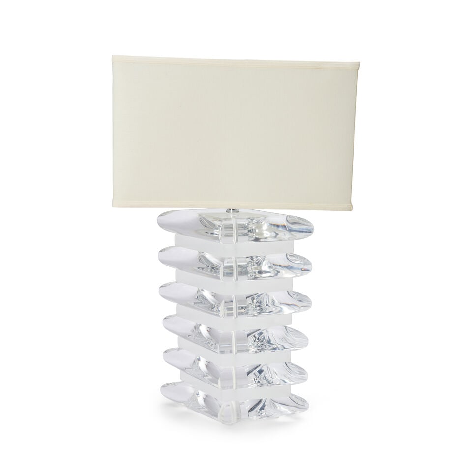 MODERNIST Sculptural Table Lamp1970sLucite, polished nickel, fabric shade, single socket, unmark... (1 of 2)