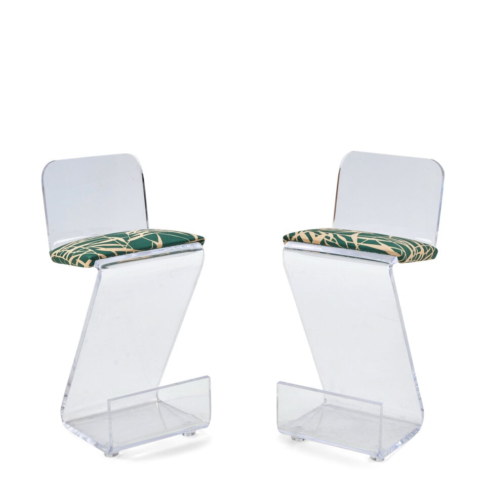MODERNIST Pair of Bar Stools1970sLucite, upholstery, unmarkedheight 40in; seat height 31in; widt... (1 of 2)