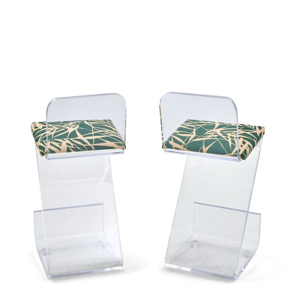MODERNIST Pair of Bar Stools1970sLucite, upholstery, unmarkedheight 40in; seat height 31in; widt... - 2