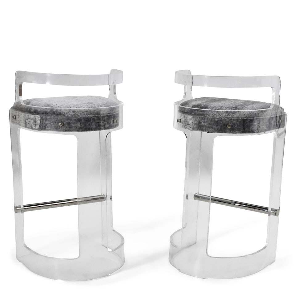 MODERNIST Pair of Bar Stoolscirca 1970Lucite, upholstery, chromed metal, unmarkedheight 33 3/4in... - 2