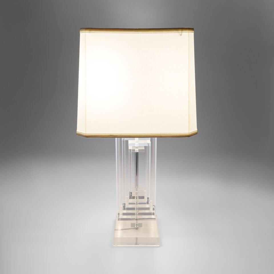 ATTRIBUTED TO LES PRISMATIQUES Table Lamp1970sLucite, two sockets, fabric on paper shade, unmark... - 2