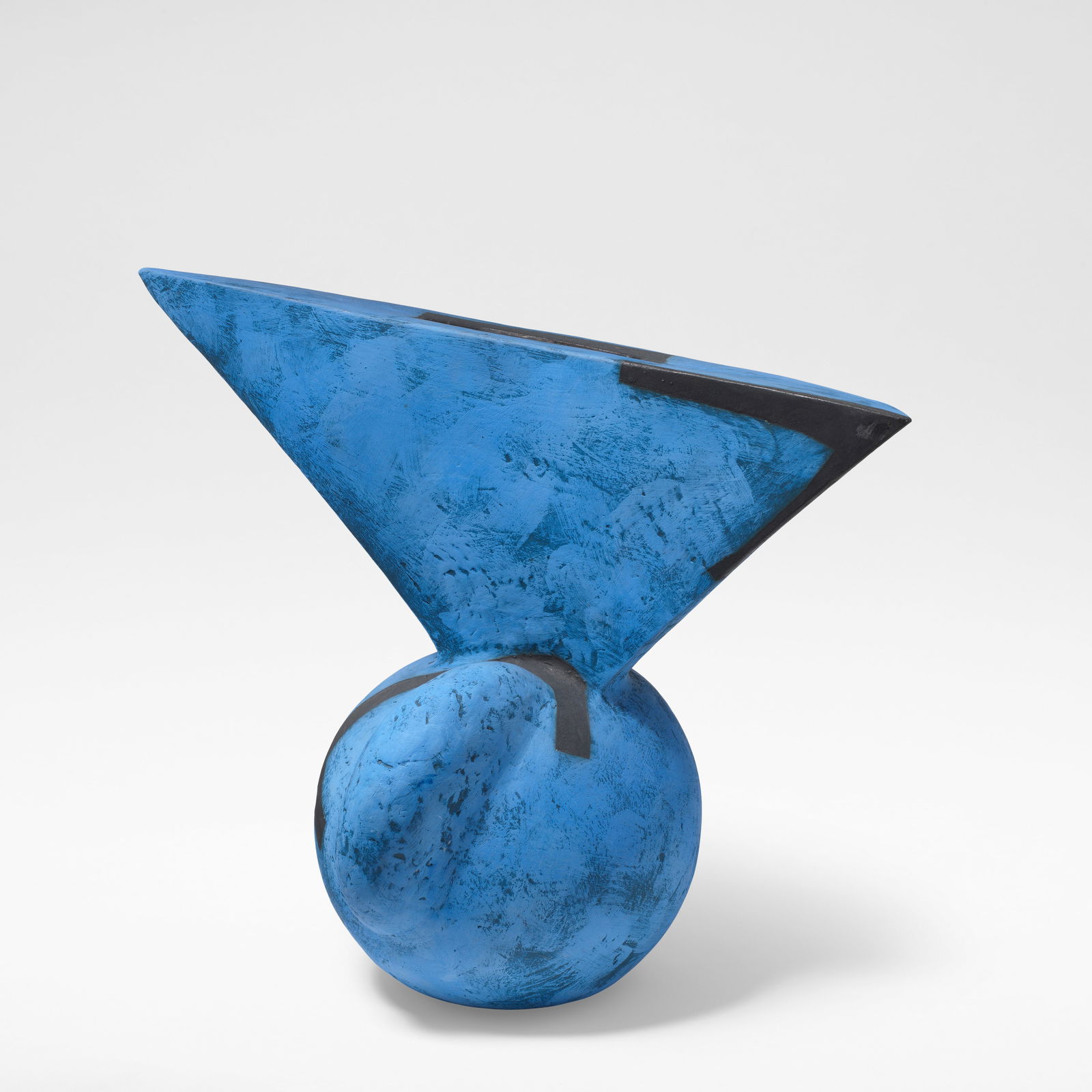 Gordon Baldwin 'Vessel with Inverted Triangle', 1990: Gordon Baldwin 'Vessel with Inverted Triangle', 1990 Earthenware, dry bright blue glaze with geometric black design and shiny black interior, the inverted pyramidal neck with an oval opening to the to