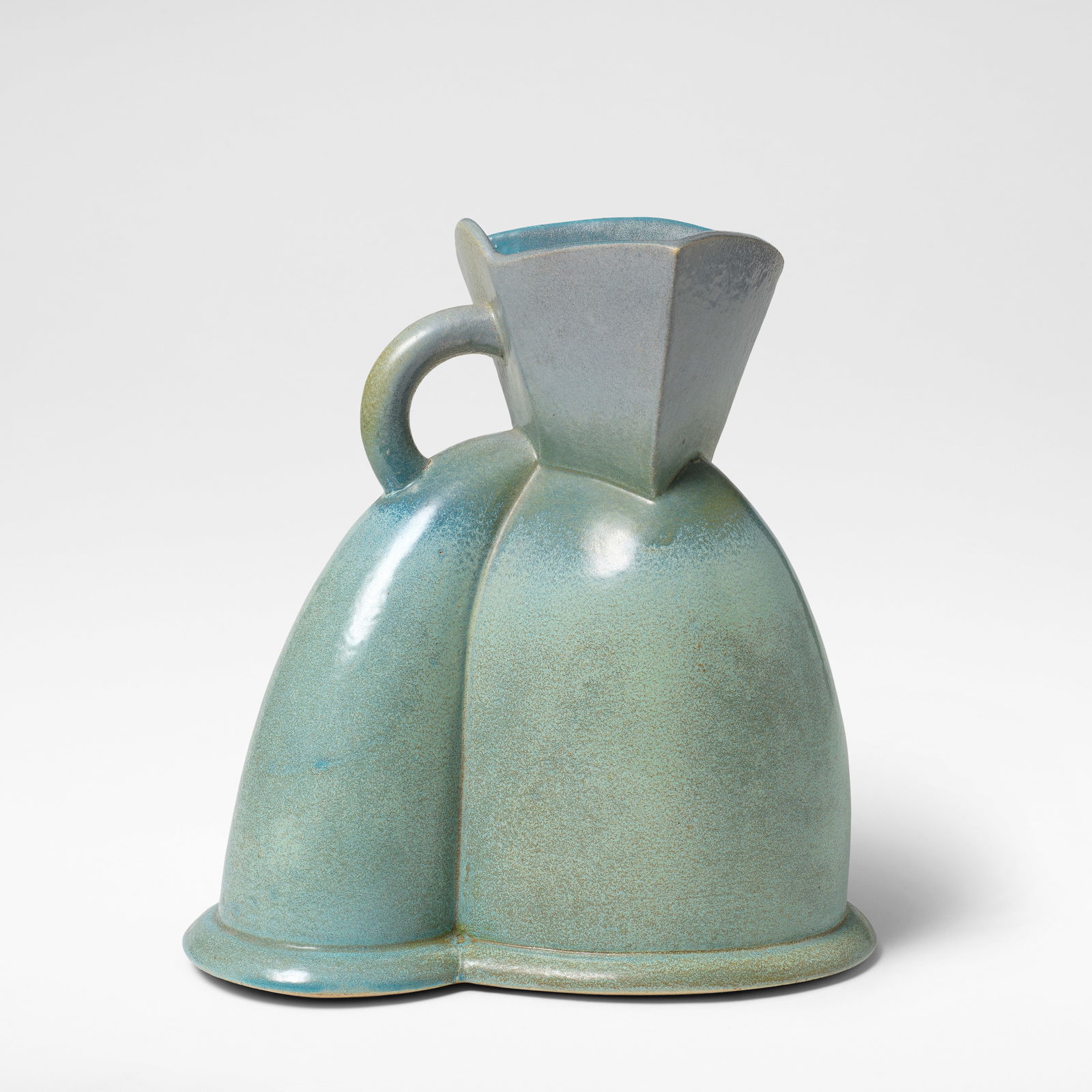 Richard Slee Jug form: Richard Slee Jug form Stoneware, shiny mottled turquoise, olive green and lilac glazes, with a mottled blue interior. 28.5 cm high, 26.5 cm wide, 15 cm deep Underside incised RICHARD SLEE. This lot is