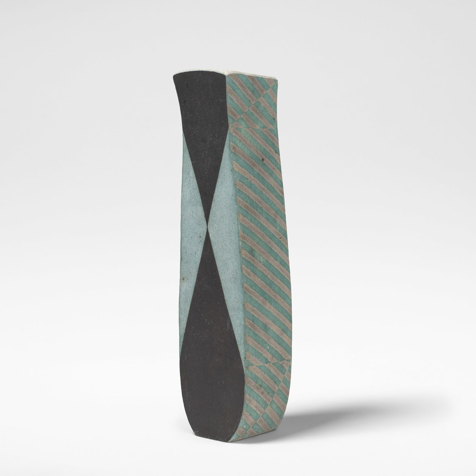 Elizabeth Fritsch 'Lachrymatory with Fracturing' vessel, circa 1989: Elizabeth Fritsch 'Lachrymatory with Fracturing' vessel, circa 1989 Hand-built stoneware, decorated in polychrome slips in geometric motifs, of slight baluster form rising to an angled neck. 27 cm hig