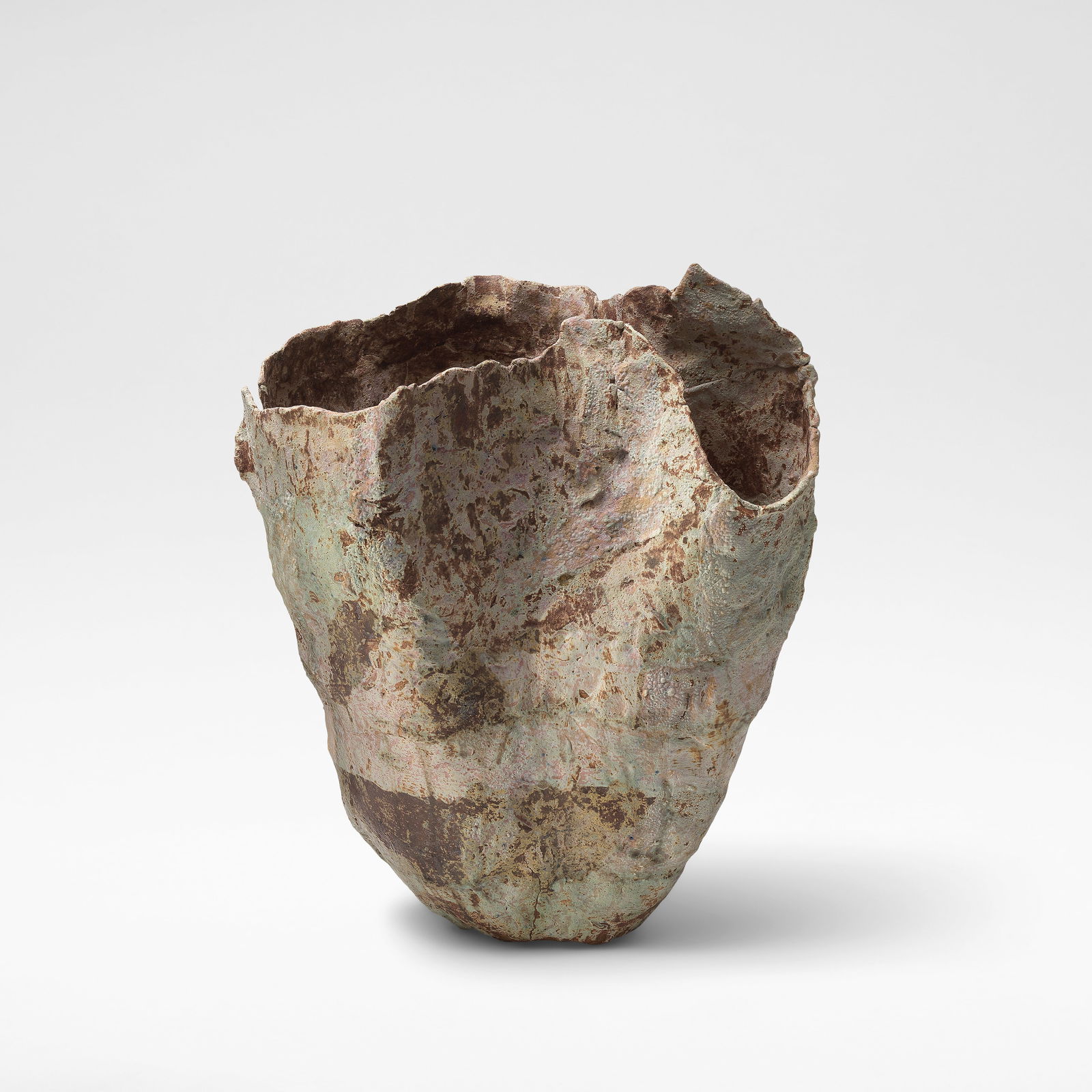 Ewen Henderson Large flared sack form, circa 1980: Ewen Henderson Large flared sack form, circa 1980 Mixed laminated clays, dry textured crawling and volcanic surface with pink, pale blue, cream and brown colours over a heavily textured surface. 47 cm
