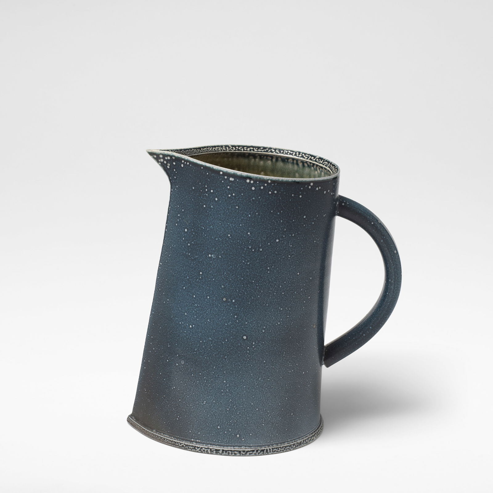 Walter Keeler Large 'Beaky Jug', circa 1993: Walter Keeler Large 'Beaky Jug', circa 1993 Stoneware, matte deep blue salt glaze with white speckle and running olive green salt glaze to interior. 30 cm high, 36 cm wide, 18.5 cm deep Impressed belo
