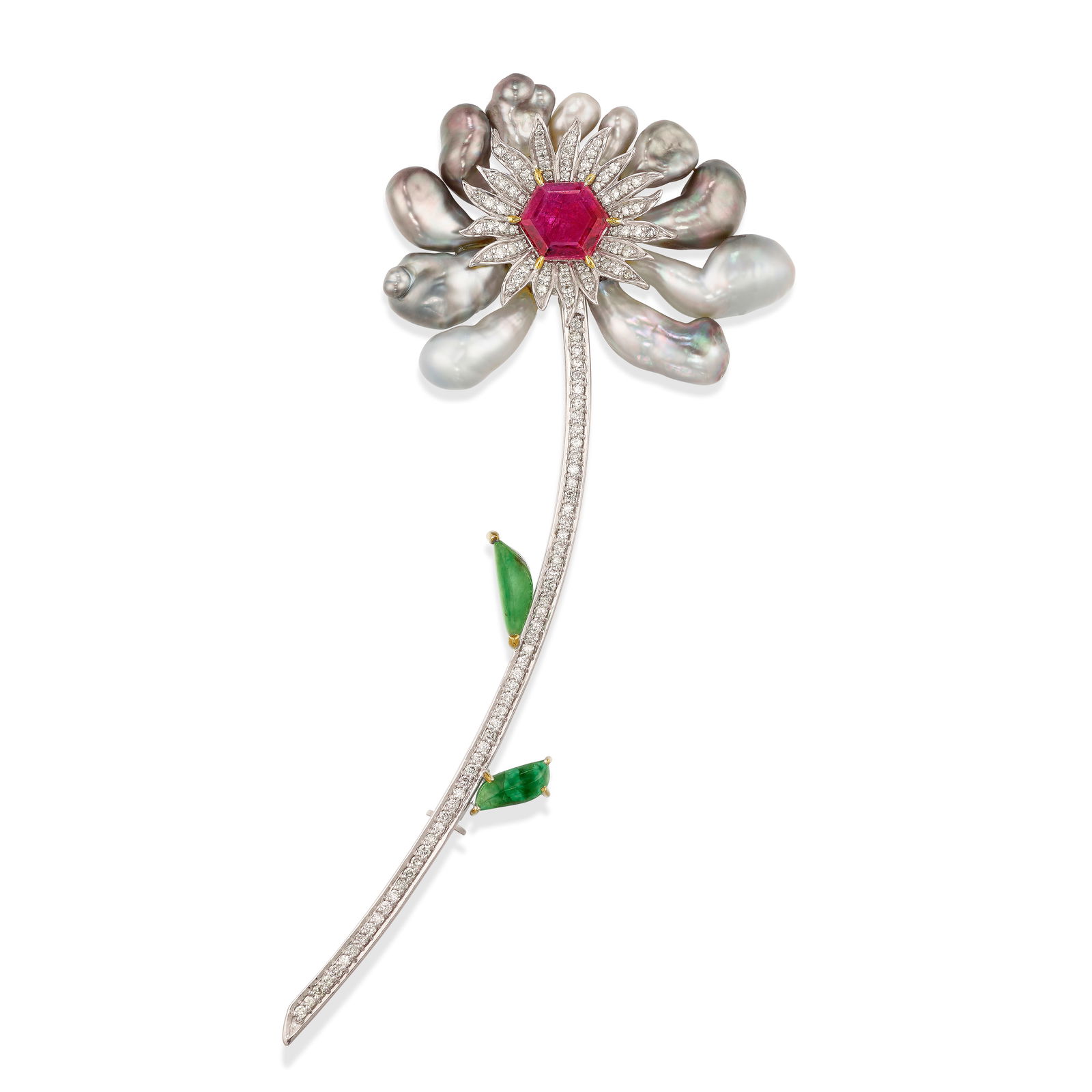 FEI LIU: A 14K WHITE GOLD, CULTURED PEARL, DIAMOND AND GEM-SET BROOCH: FEI LIU: A 14K WHITE GOLD, CULTURED PEARL, DIAMOND AND GEM-SET BROOCHDesigned as a flower, comprising petals of cultured pearls, leaves of carved cabochon emeralds, centering a hexagonal ruby,