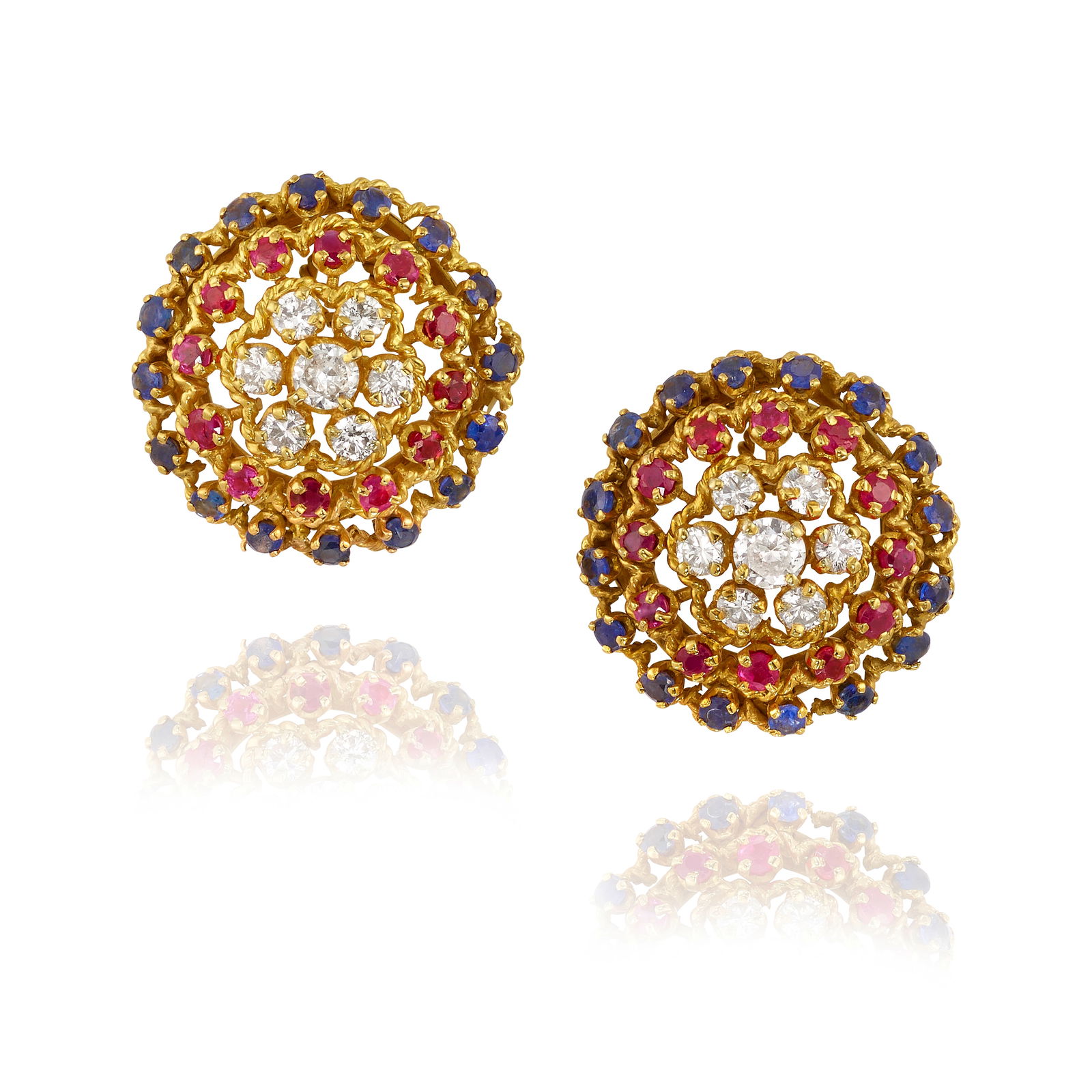 A PAIR OF 18K GOLD, DIAMOND, RUBY AND SAPPHIRE EARCLIPS (1 of 1)