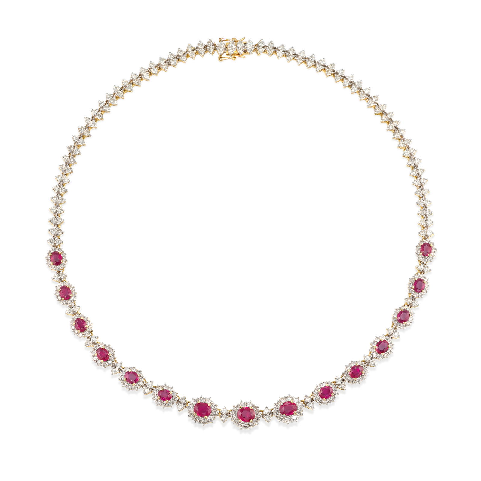 AN 18K GOLD, RUBY AND DIAMOND NECKLACE: AN 18K GOLD, RUBY AND DIAMOND NECKLACE A line necklace comprising oval-shaped rubies, each in surrounds of round brilliant-cut diamonds, the necklace completed by pairs of round brilliant-cut diamonds