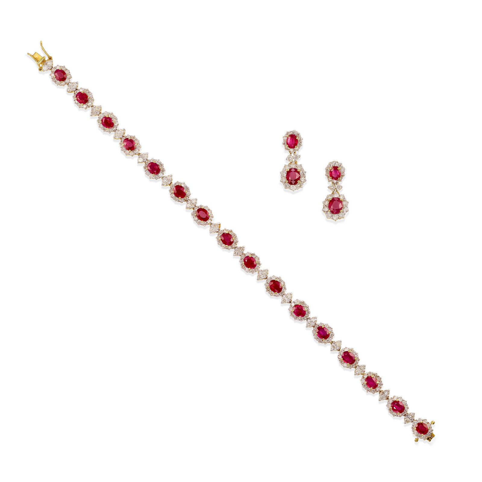AN 18K GOLD, RUBY AND DIAMOND BRACELET AND EARRING SET (1 of 1)